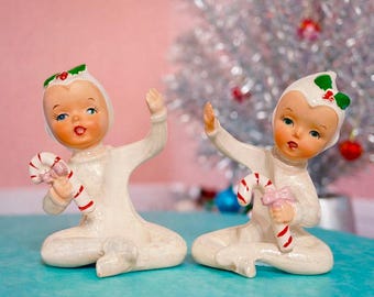 Vintage Christmas Pixies with Candy Canes Candle Huggers Climbers HF Japan MCM 1950s