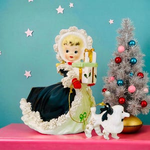 Vintage Napco Christmas Shopper Girl Planter with Poodle – 1950s Japan MCM