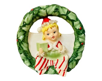 Vintage Relpo Christmas Girl Planter Candy Cane MCM Japan 1950s