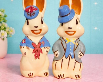 Vintage Anthropomorphic Bunny Rabbit Easter Figurines MCM Kitsch