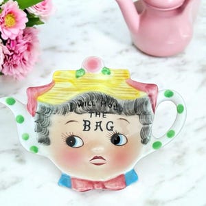 Vintage Anthropomorphic Lefton Dainty Miss Teabag Holder Big Eyes Kitsch