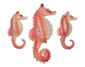 Vintage Bradley Pink Seahorse Wall Plaques Mermaids Mom Babies Set of 3 from the 1950s Japan MCM