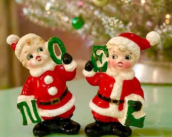 Vintage Atlas Japan Christmas Noel Santa Claus Pixie Elf Salt and Pepper Shakers 1950s MCM Japan