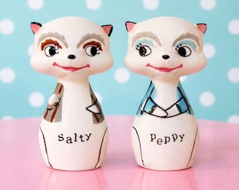 Vintage Holt Howard Chatter Coons Salty & Peppy Salt and Pepper Shakers 1959 Japan MCM Kitsch Retro