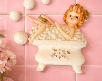 Vintage LEFTON Bubble Bath Girl Wall Plaque with Bubbles MCM Japan Pinup Kitsch Retro