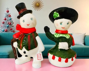 Saleros y pimenteros vintage de Kreiss, muñecos de nieve navideños, Sr. y Sra., Japón, figuras con ojos de diamantes de imitación MCM