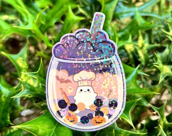 Holographic Ghost Baker Boba Sticker, Halloween Decal for Laptop and Water Bottle