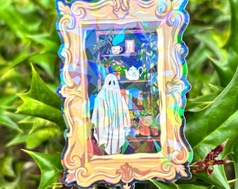 Holographic Vintage Framed Ghost Sticker, Plant Bookcase Sticker for Laptop and Water Bottle