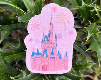 Adesivo holográfico rosa de castelo, inspirado em um castelo de parque.