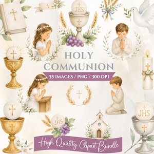 Puede incluir: Conjunto de imágenes prediseñadas de acuarela con temas religiosos. Incluye imágenes de cálices, una biblia, niños rezando, una paloma, una iglesia y trigo. El texto dice "Holy Communion" y "High Quality Clipart Bundle".