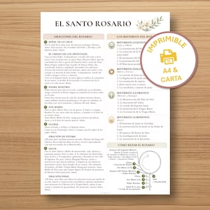May include: A white informational sheet titled EL SANTO ROSARIO featuring Catholic prayers, mysteries, and a diagram of rosary beads. A circular badge on the right displays a printer icon with the text IMPRIMIBLE A4 & CARTA in yellow and white.