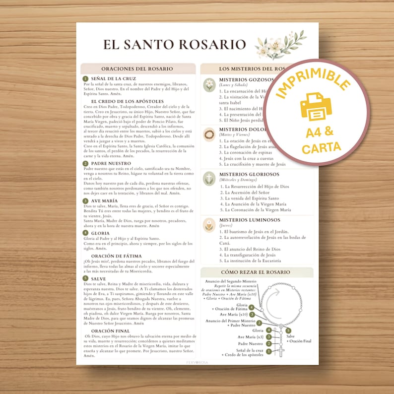 May include: A white informational sheet titled EL SANTO ROSARIO featuring Catholic prayers, mysteries, and a diagram of rosary beads. A circular badge on the right displays a printer icon with the text IMPRIMIBLE A4 & CARTA in yellow and white.