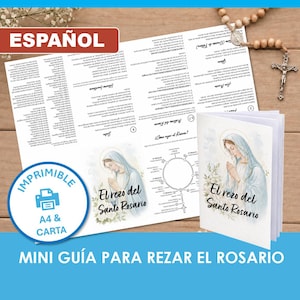 May include: A printed guide for praying the Rosary in Spanish, featuring a folded booklet and an unfolded sheet with text and illustrations of the Virgin Mary. A wooden rosary with a silver crucifix is placed on the top right corner of the paper.
