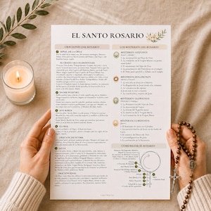 May include: A white printed guide titled EL SANTO ROSARIO featuring Spanish text, prayer sections, and a diagram of rosary beads. The document includes floral accents and lists the Joyful, Sorrowful, Glorious, and Luminous mysteries of the rosary.