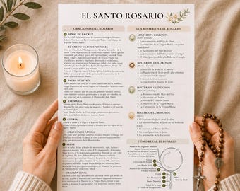 Cómo rezar el Rosario Guía Católica imprimible en español de una página con Misterios y Oraciones PDF Descarga inmediata