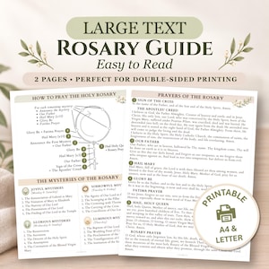 Puede incluir: Una guía del rosario de dos páginas con texto grande impresa en papel blanco. El documento incluye un diagrama de un rosario con pasos numerados, listas de oraciones y los misterios del rosario. Un sello circular indica formato A4 y carta.