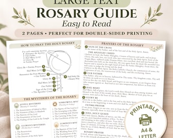 Rosary Prayer Guide Large Print Edition Catholic Printable How to Pray the Rosary Mysteries & Prayers PDF