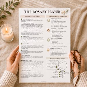 May include: A white instructional print titled THE ROSARY PRAYER featuring black text, lists of prayers, and the mysteries of the rosary. The document includes a diagram showing how to pray the rosary and small floral illustrations at the top.