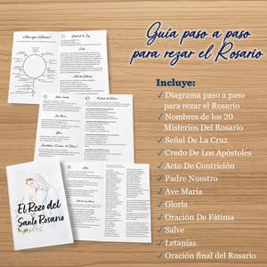 May include: A white instructional pamphlet titled El Rezo del Santo Rosario featuring a religious illustration of a figure in a veil. The document includes a step-by-step diagram for praying the rosary, lists of the twenty mysteries, and various prayers.