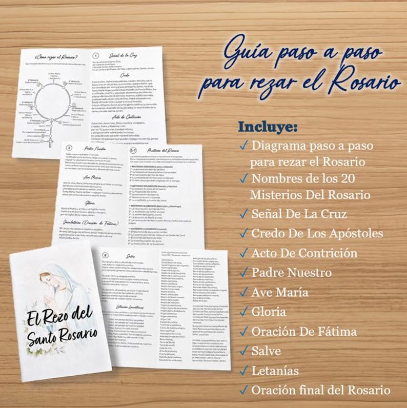 May include: A white instructional pamphlet titled El Rezo del Santo Rosario featuring a religious illustration of a figure in a veil. The document includes a step-by-step diagram for praying the rosary, lists of the twenty mysteries, and various prayers.
