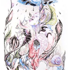 Disegno dettagliato a matita della natura, stampa d'arte eco-femminista, psichedelico, fiori, donna, ecologia, corpo, piacere