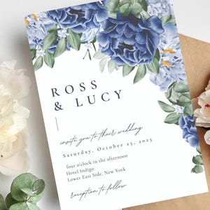 Carte de mariage pivoines, faire-part de mariage roses, faire-part de mariage bleu, toile, faire-part de mariage bleu poussiéreux, faire-part modifiable, carte de mariage élégante
