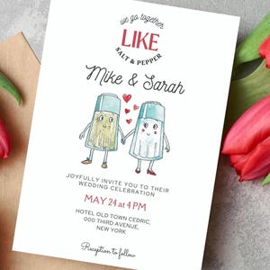 Convite de casamento com sal e pimenta, convites de casamento em quadrinhos, convites de casamento engraçados, download digital, convites de casamento no Canva
