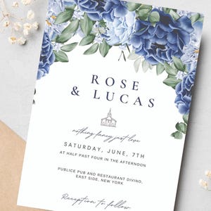 Blaue Hochzeitseinladung, Blaue Hochzeitskarte, Canva, Blumenhochzeitskarte, Elegante Hochzeitskarte, Pfingstrosen Hochzeitskarte, Blau einladen
