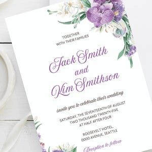 Lila Hochzeitseinladung, DIY, Orchidee einladen, Blumenhochzeitskarte, Pflaumenhochzeit, schicke Hochzeitseinladung, Canva, Benutzerdefinierte Hochzeitskarte