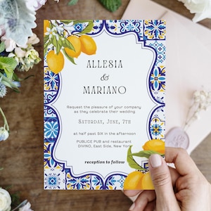 Tarjeta de boda de Amalfi, invitación de Positano, boda italiana, invitación de limón, boda de Sorrento, tarjeta de azulejos azules, tarjeta de boda cítrica, boda de verano