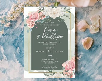 Blush Pink Rose Wedding Invitation Template: Elegant Printable Card (5x7, Digital Download, Canva Editable)
