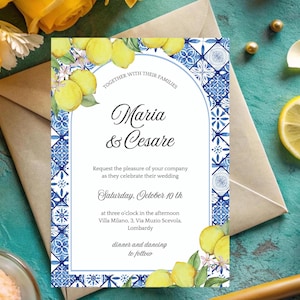 Italian Blue Tiles and Lemon Wedding Invitation, Mediterranean Invite, Lemon Wedding Invite, Amalfi Wedding Card, Toscana Invite, Canva