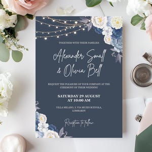 Blue Wedding Invitation, Printable Floral Wedding Invite, Editable Blue Wedding Invite, Blue Flowers Invite, Canva, Chic Wedding Card