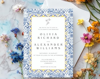 Blue Tiles Wedding Invitation: Positano Amalfi Coast (Digital Template) 5x7&quot;