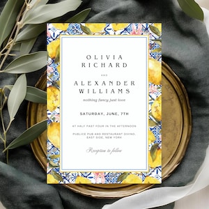 Lemon Mediterranean Italian Wedding Invitation, Tile Wedding Invitation Template, Positano, Amalfi coast, Canva, Instant Download