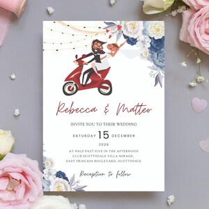 Schönes Hochzeitspaar auf Motorrad, nettes Hochzeitspaar auf Fahrt, Canva, Braut und Bräutigam schicke Hochzeit laden ein, romantische Einladung