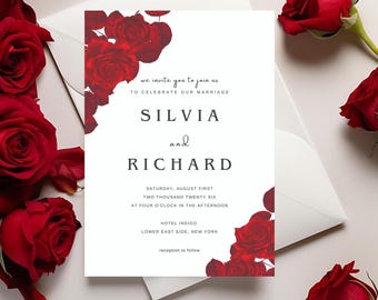 Red Rose Wedding Invitation: Elegant Floral Card (Digital) Canva 5x7&quot;