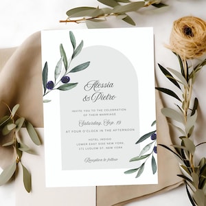 Olive Branch Invite, Canva, Amalfi Coast Wedding, Toscana Invite, Summer Wedding Card, Positano Wedding Invite, Mediterranean Invite