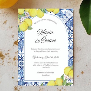 Italian Lemon Wedding Invitation: Blue Tile Mediterranean Design (Canva Template Digital Download 5x7&quot;)