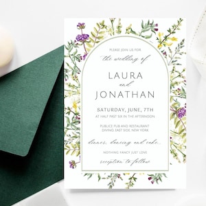 Faire-part de mariage rustique avec fleurs sauvages, carte de mariage florale, toile, carte botanique romantique, faire-part de mariage bohème, faire-part verdure