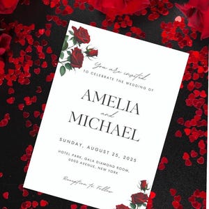 Rote Rosen Hochzeitseinladung, satte rote Hochzeitseinladung, Minimalistische einladen, Romantische einladen, moderne Hochzeitskarte, schicke Hochzeitseinladung, bearbeitbare Einladung