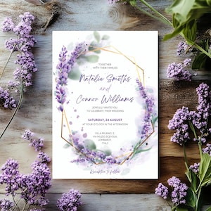 Lavendel lila Hochzeiteinladung Vorlage, Floral Boho Einladen, Elegante Lila Blumen Garten Details Sofort Download, Italienische Hochzeitskarte