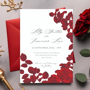 Faire-part de mariage rose rouge foncé, faire-part de mariage rose romantique, carte rose rouge, toile, carte de mariage florale, faire part de mariage rose