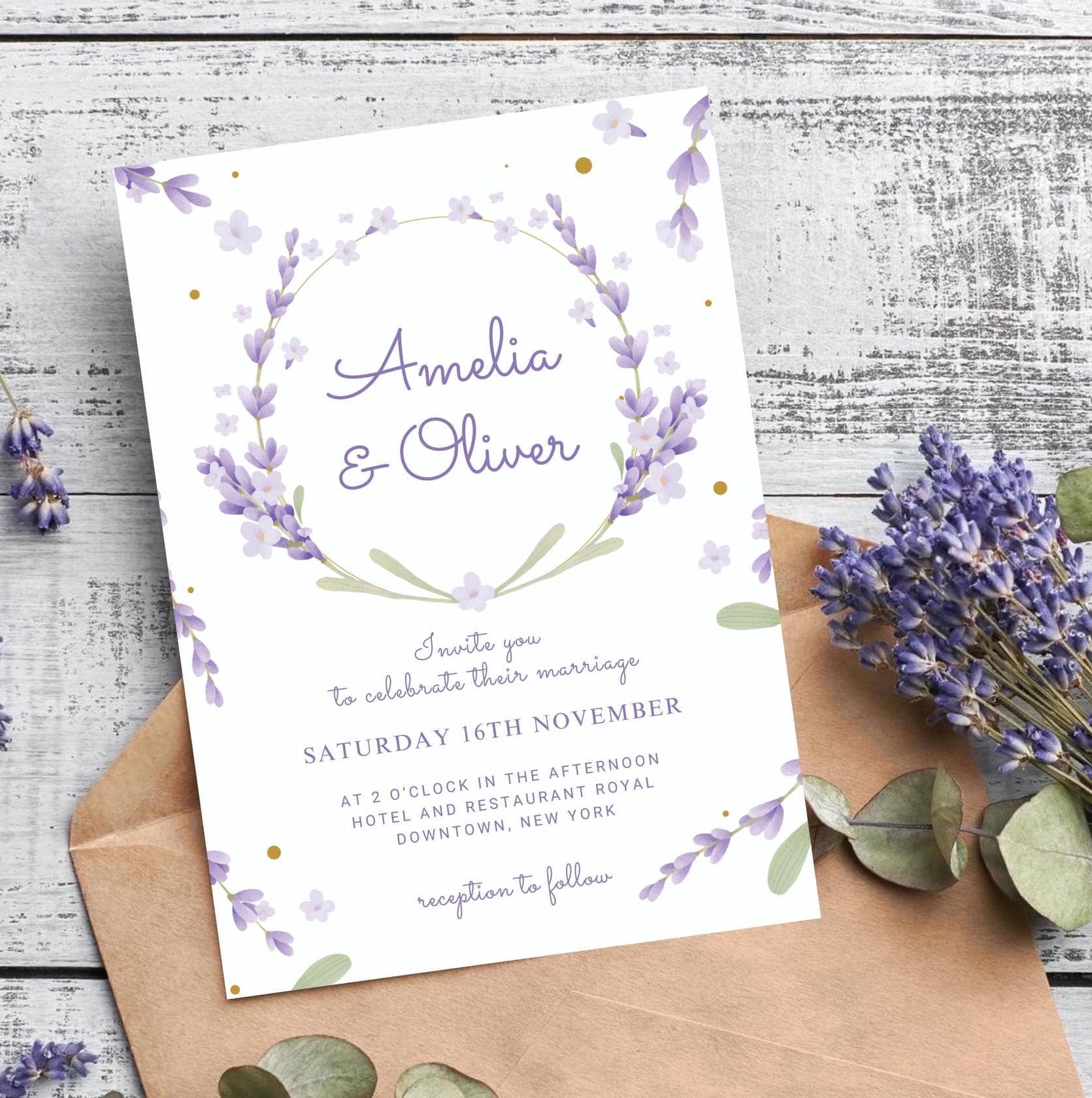Lavender Beach Wedding Invitation: Mediterranean Botanical Card (Digital Download 5x7" Template) Romantic Invite