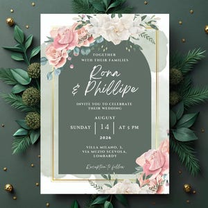 Faire-part de mariage rose fard à joues, toile, faire-part de mariage rose tendre imprimable, faire-part de mariage rose rose modifiable, carte de mariage vert sauge