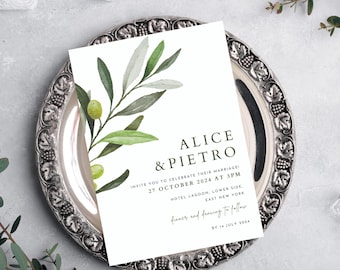 Olive Branch Wedding Invitation Template: Elegant Toscana Design (Digital Download) 5x7&quot;