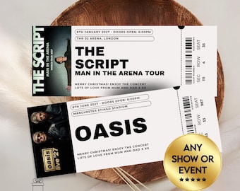 May include: Two rectangular concert tickets with black and white designs. The top ticket is for The Script Man in the Arena Tour at The O2 Arena, London, on 8th January 2027. The bottom ticket is for Oasis Live '27 at Manchester Etihad Stadium on 8th June 2027.