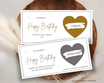 Birthday scratch reveal surprise card, personalised voucher for holiday, spa day, money, 16th, 18th, 21st, 30th, 40th, 50th, mum, dad, nana