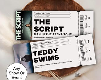 Personalised concert ticket, showtime event gig, musical, broadway, souvenir, memorabilia, birthday Christmas surprise voucher
