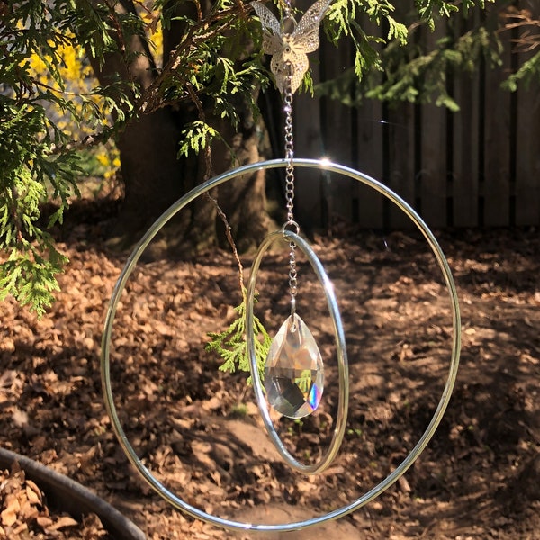 Spinning hoop crystal suncatcher with butterfly detail, outdoor decor, garden decor